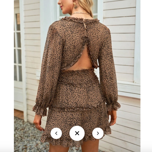 Leopard Ruffle Detailing Open Back Floral Dress Deep V Neck Backless Ruffle - Picture 3 of 9